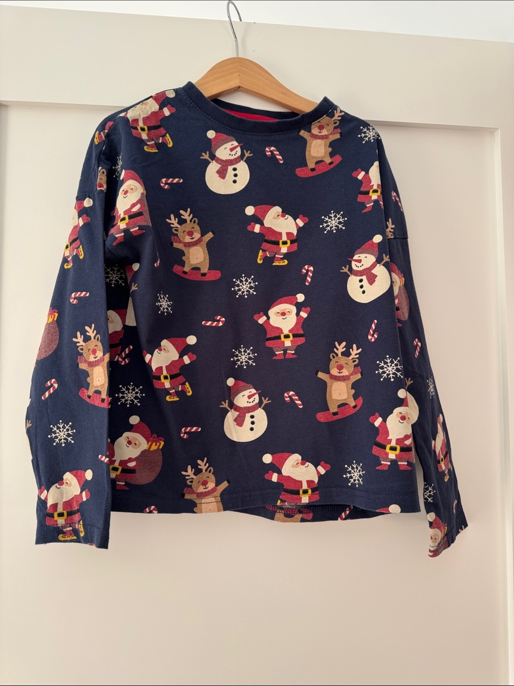 Children's Navy Blue Holiday Long-Sleeve Tee with Santa & Reindeer